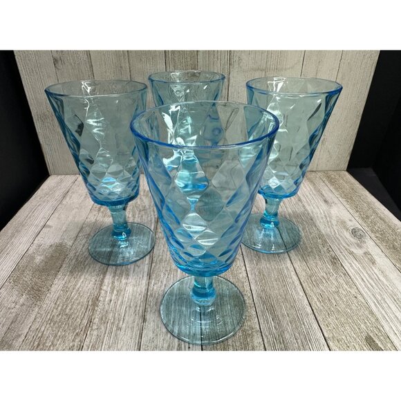 Vtg EAPG Bryce Brothers Style Water Goblet Sky Blue Diamond Quilted 7" Set of 4 - Picture 2 of 8